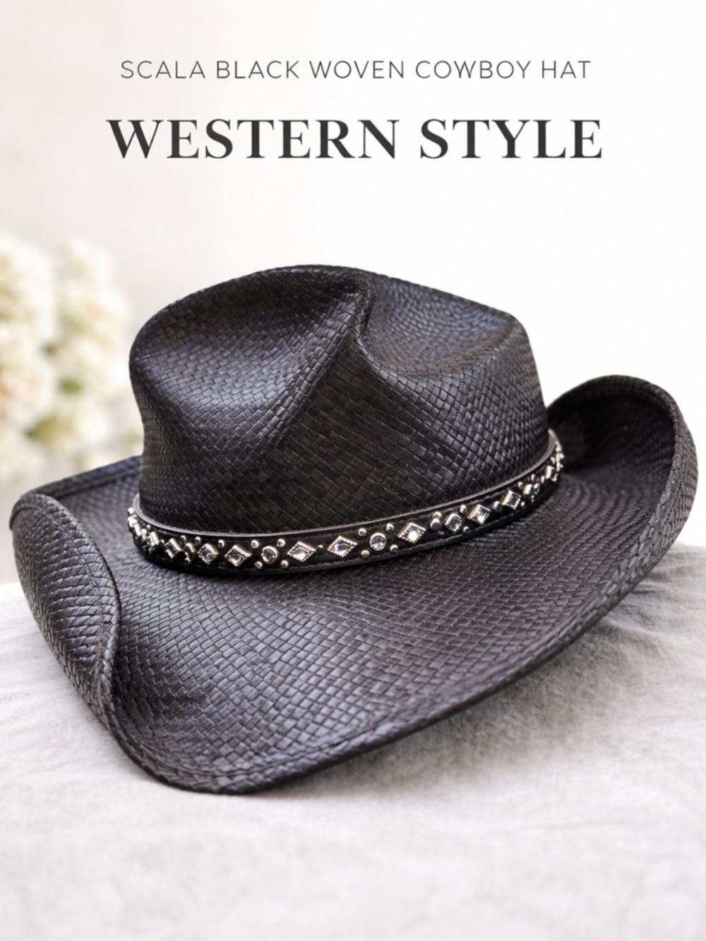 Scala Black Woven Cowboy Hat with Studded Band